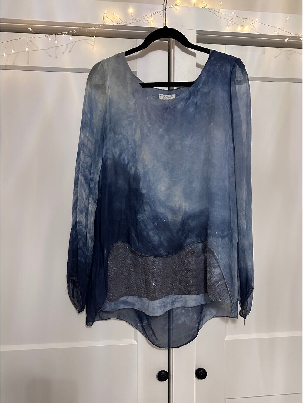 THTrend Made in Italy Blue Silk Sheer Long Sleeve Blouse with Sequin Detail